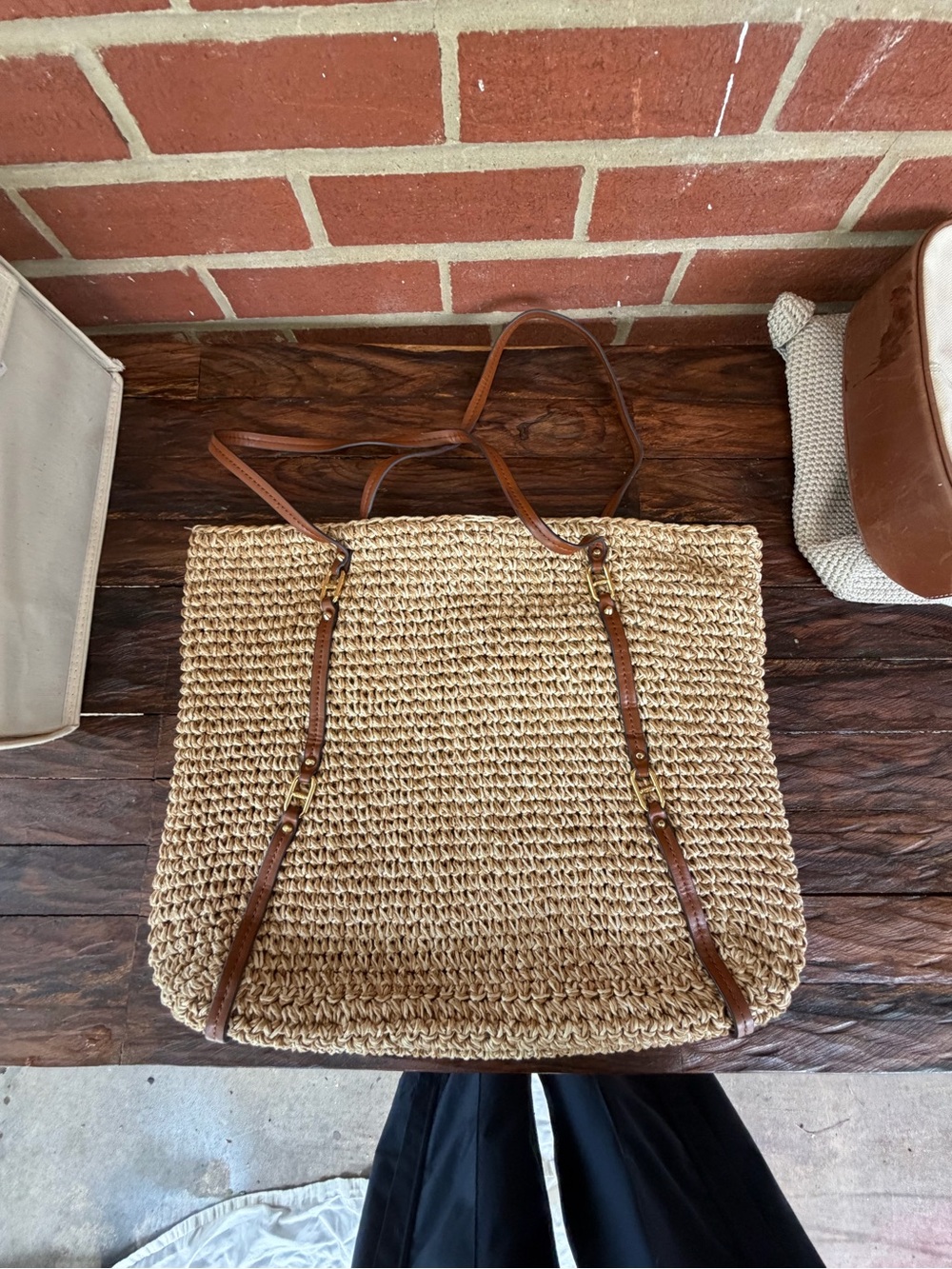 Lauren Ralph Lauren Natural Raffia Tote with Brown Leather Straps